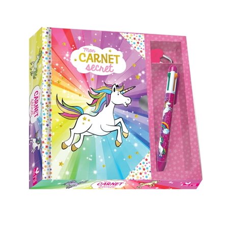 Mon carnet secret licorne : coffret avec stylo 4 couleurs