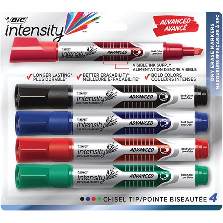 Intensity® Dry Erase Whiteboard Markers Chisel tip assorted colours (pkg 4)