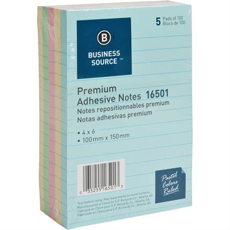 Self Adhesive Notes 4 x 6 in. Ruled. (pkg 5)