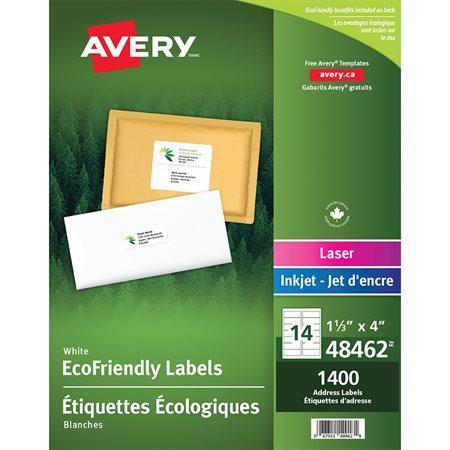 EcoFriendly White Mailing Labels Box of 100 sheets 4 x 1-1 / 3" (1400)
