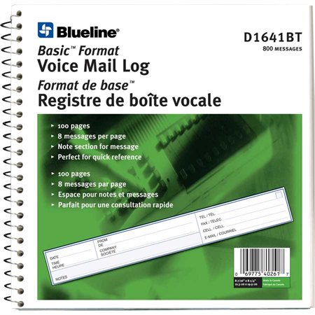 Voicemail Log Book Basic format. 8 messages per page