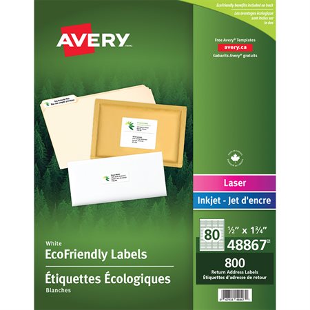 EcoFriendly White Mailing Labels Package of 10 sheets 1-3 / 4 x 1 / 2" (800)