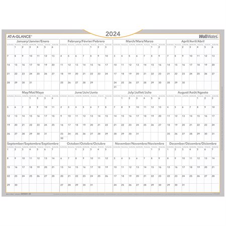 Surface de planification mensuelle auto-adhésive Wallmates® Janvier-décembre 2024 18 x 24 po.