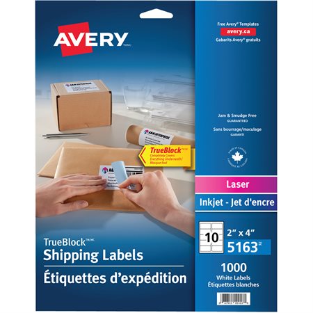TrueBlock™ White Laser Shipping Labels Box of 100 sheets 4 x 2” (1000)