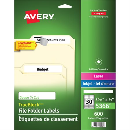 TrueBlock™ Filing Labels Package of 600, 20 sheets. white