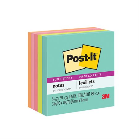 Feuillets Post-it® Super Sticky - collection Éclat de lumière 3 x 3 po. bloc de 90 feuillets (pqt 5)