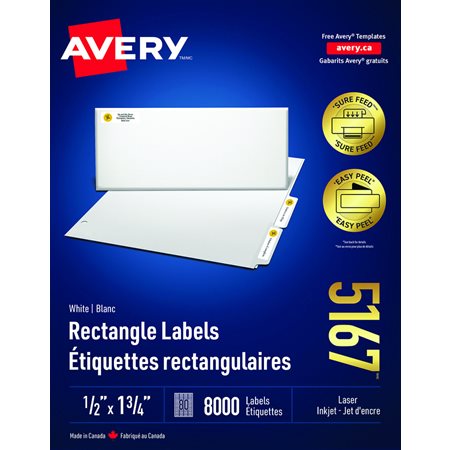 Étiquettes rectangulaires blanches Easy Peel® Boîte de 100 feuilles 1-3 / 4 x 1 / 2"  (8000)