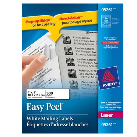 Easy Peel® White Laser Mailing Labels Package of 25 sheets 4 x 1” (500)