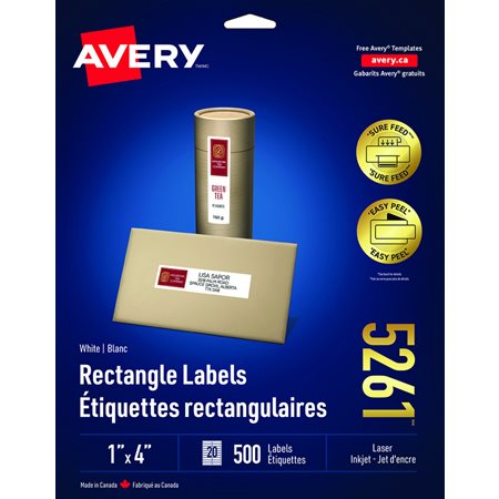 Étiquettes rectangulaires blanches Easy Peel® Paquet de 25 feuilles 4 x 1” (500)