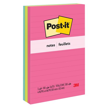 Feuillets Post-it® - collection Peptitude Lignés 4 x 6 po (pqt 3)