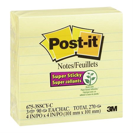 Post-it® Super Sticky Notes 3 ruled pads. 4 x 4 in.