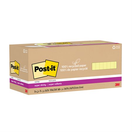 Post-it® Super Sticky Recycled Notes – Canary Yellow 3 x 3 in. Plain. package of 24, 70-sheet pad