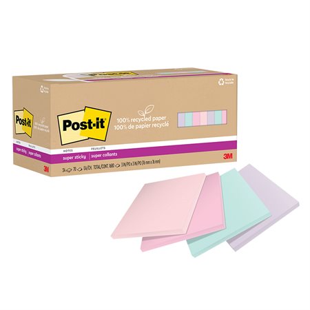 Post-it® Super Sticky Recycled Notes - Wanderlust Pastels 3 x 3 in. Plain. package of 24, 70-sheet pad